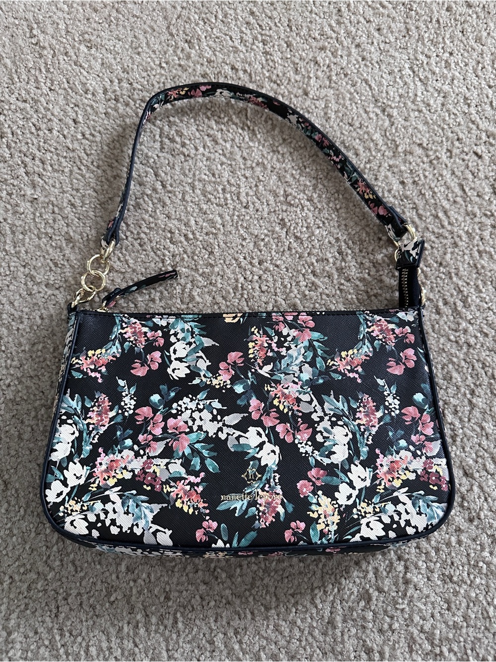 Nanette Lepore Black Floral Shoulder Bag with Pink and Teal Accents